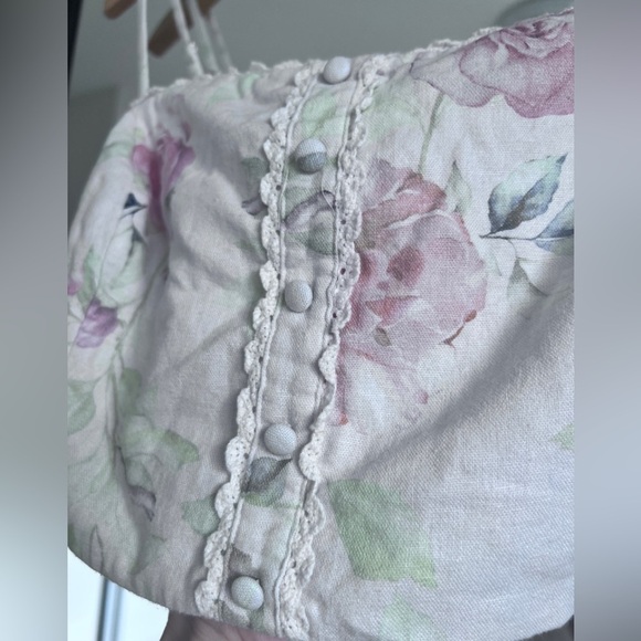 Caroline Constas Womens Cream Linen Coquette Floral Cottagecore Crop Top Large - Picture 8 of 9